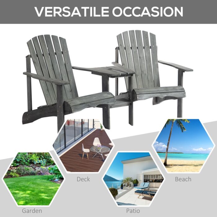 Outsunny Wooden Outdoor Double Adirondack Chairs Loveseat W/ Center Table And Umbrella Hole Grey