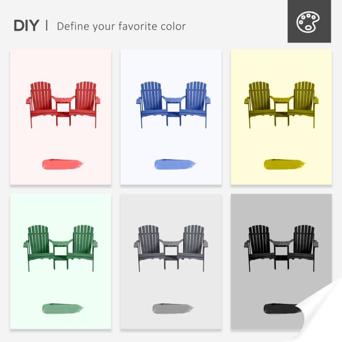 Outsunny Wooden Outdoor Double Adirondack Chairs Loveseat W/ Center Table And Umbrella Hole Grey