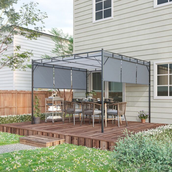 Outsunny 3 X 3(m) Steel Pergola Gazebo Garden Shelter With Retractable Roof Canopy, Dark Grey
