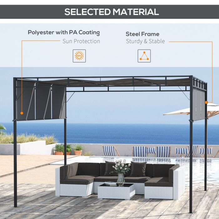 Outsunny 3 X 3(m) Steel Pergola Gazebo Garden Shelter With Retractable Roof Canopy, Dark Grey