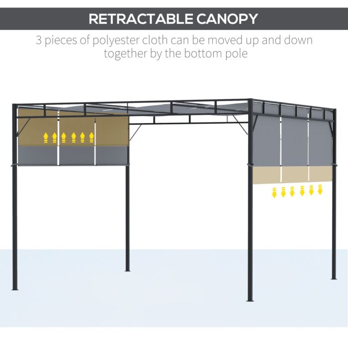 Outsunny 3 X 3(m) Steel Pergola Gazebo Garden Shelter With Retractable Roof Canopy, Dark Grey