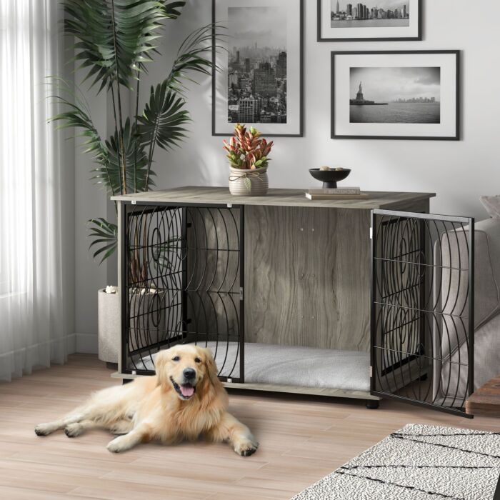 Pawhut 44.5" Indoor Dog Crate Furniture End Table W/ Plush Washable Cushion, Lockable Door, For Extra Large Size Dogs