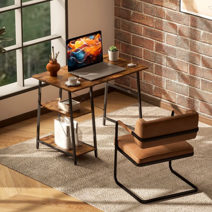 Homcom 100cm Computer Desk With Storage, Industrial Home Office Desk With 2 Tier Shelves And Steel Frame, Computer Table For Study Room, Rustic Brown