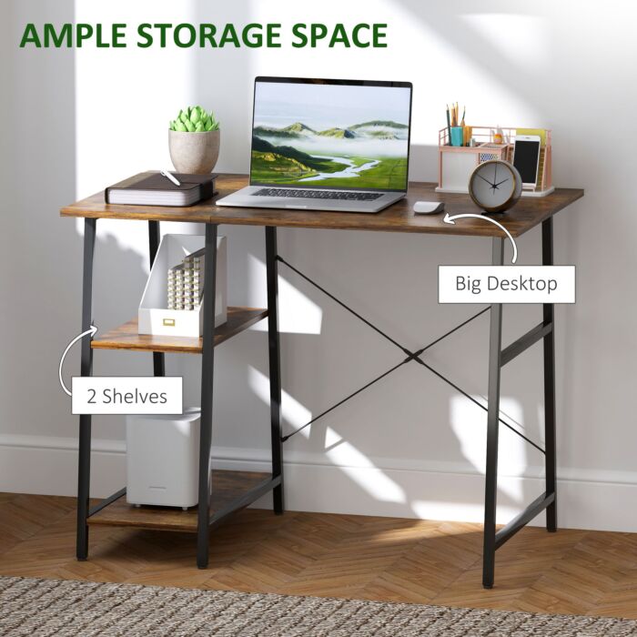 Homcom 100cm Computer Desk With Storage, Industrial Home Office Desk With 2 Tier Shelves And Steel Frame, Computer Table For Study Room, Rustic Brown