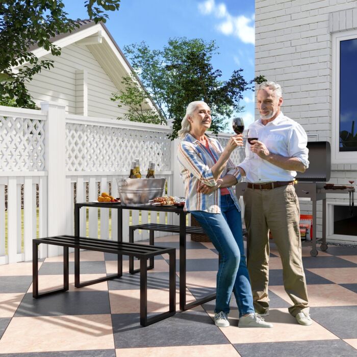 Outsunny 3pcs Outdoor Dining Set Metal Beer Table Bench Patio Garden Yard Black