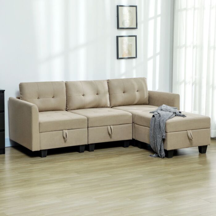 Homcom Convertible Modular Sectional Sofa With Storage, 3 Seater Sofa Set, L Shaped Sofa Couch With Ottoman, Wood Frame For Living Room, Light Brown