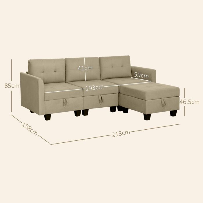 Homcom Convertible Modular Sectional Sofa With Storage, 3 Seater Sofa Set, L Shaped Sofa Couch With Ottoman, Wood Frame For Living Room, Light Brown