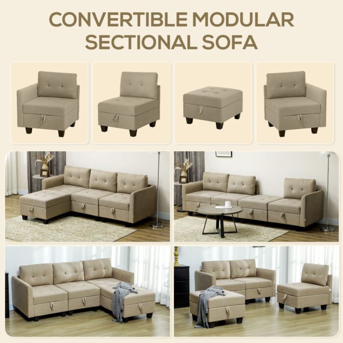 Homcom Convertible Modular Sectional Sofa With Storage, 3 Seater Sofa Set, L Shaped Sofa Couch With Ottoman, Wood Frame For Living Room, Light Brown