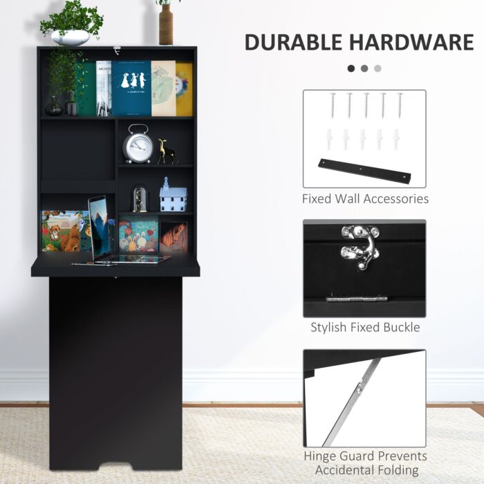 Homcom Folding Wall-mounted Drop-leaf Table With Chalkboard Shelf Multifunction Black
