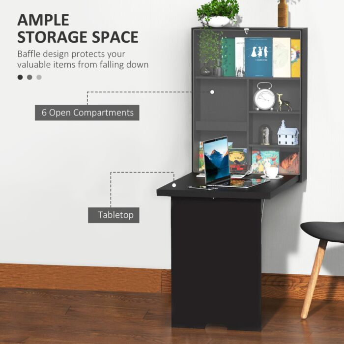 Homcom Folding Wall-mounted Drop-leaf Table With Chalkboard Shelf Multifunction Black