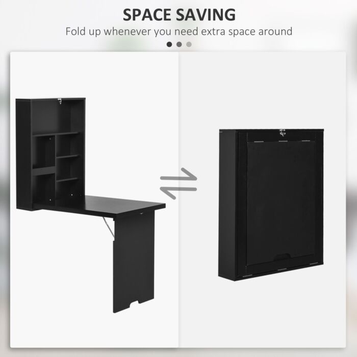 Homcom Folding Wall-mounted Drop-leaf Table With Chalkboard Shelf Multifunction Black