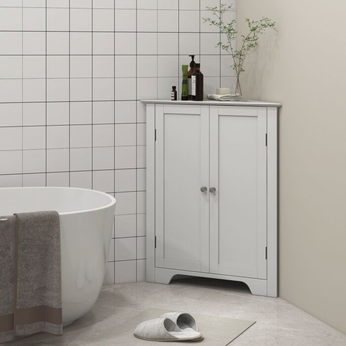 Kleankin Triangle Bathroom Cabinet, Corner Bathroom Storage Unit With Adjustable Shelf And Recessed Door, Free Standing, White