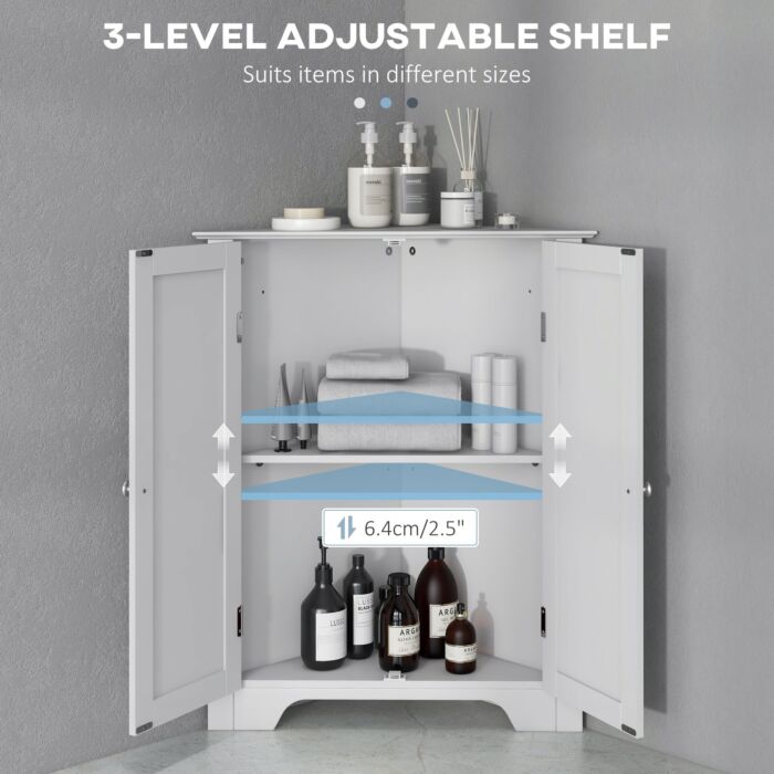 Kleankin Triangle Bathroom Cabinet, Corner Bathroom Storage Unit With Adjustable Shelf And Recessed Door, Free Standing, White