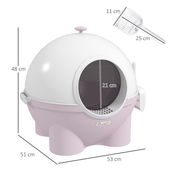 Pawhut Large Cat Litter Box, Hooded Cat Litter Tray With Lid, Scoop, Top Handle, Front Entrance, 53 X 51 X 48cm - Pink