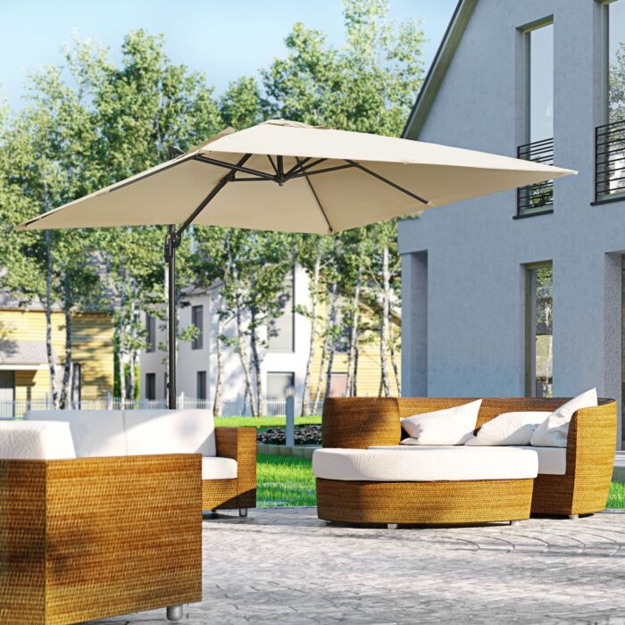 Outsunny 2.7 X 2.7 M Cantilever Parasol, Square Overhanging Umbrella With Cross Base, Crank Handle, Tilt, 360° Rotation, Aluminium Frame, Cream White