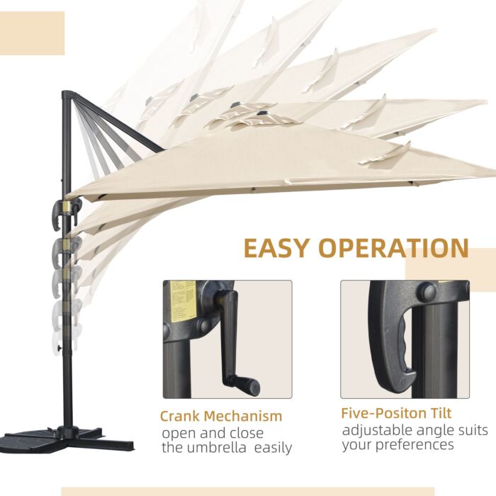 Outsunny 2.7 X 2.7 M Cantilever Parasol, Square Overhanging Umbrella With Cross Base, Crank Handle, Tilt, 360° Rotation, Aluminium Frame, Cream White