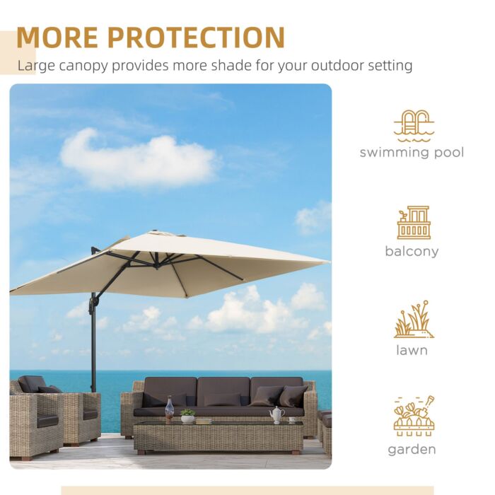 Outsunny 2.7 X 2.7 M Cantilever Parasol, Square Overhanging Umbrella With Cross Base, Crank Handle, Tilt, 360° Rotation, Aluminium Frame, Cream White