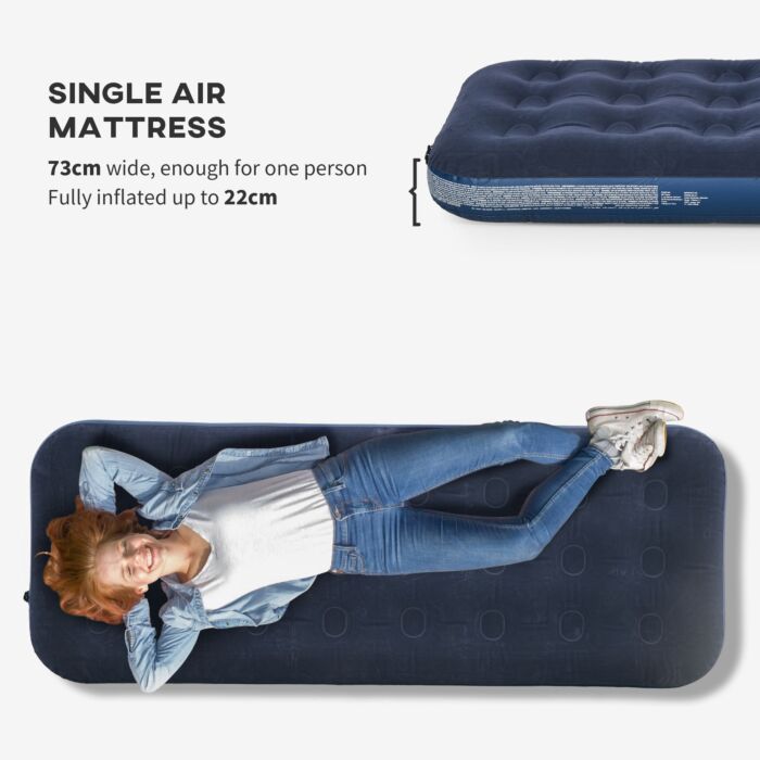 Outsunny Single Air Mattress With Hand Pump, Portable Air Bed With Flocked Surface, 191 X 73 X 22cm, Blue