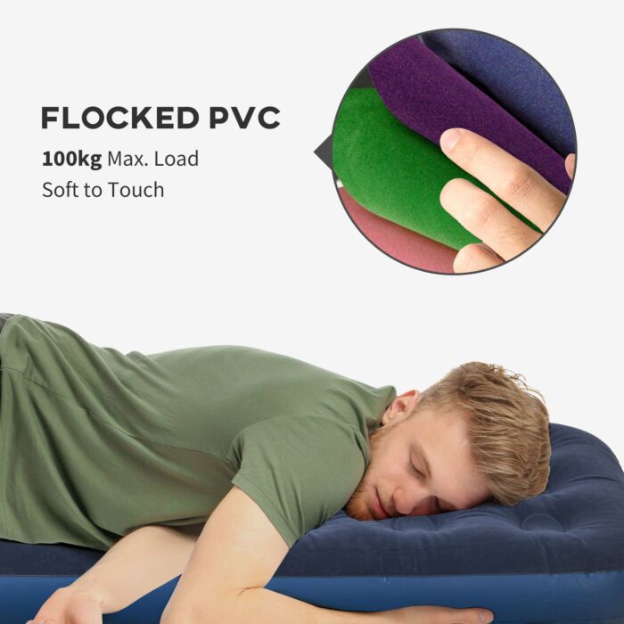 Outsunny Single Air Mattress With Hand Pump, Portable Air Bed With Flocked Surface, 191 X 73 X 22cm, Blue