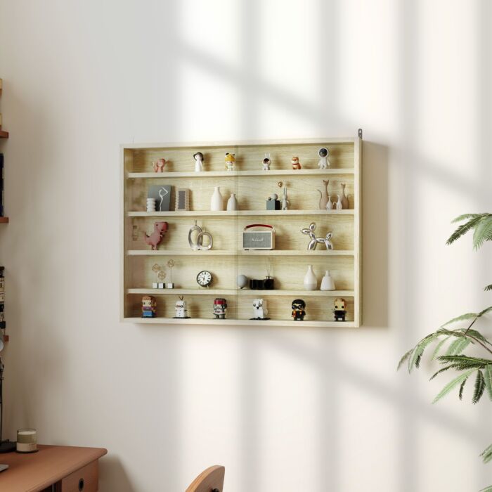 Homcom 5-tier Wall Display Shelf Unit Cabinet W/ 4 Adjustable Shelves Glass Doors Home Office Ornaments 60x80cm Oak