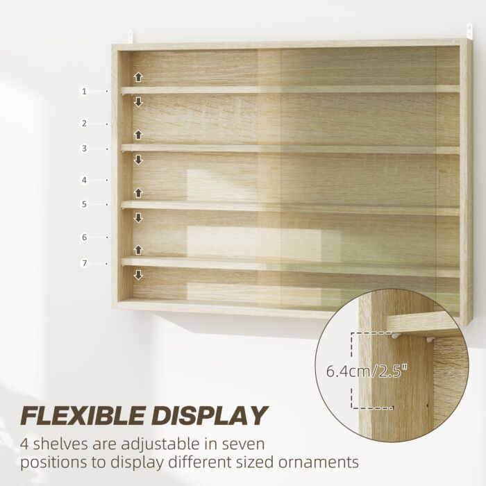 Homcom 5-tier Wall Display Shelf Unit Cabinet W/ 4 Adjustable Shelves Glass Doors Home Office Ornaments 60x80cm Oak
