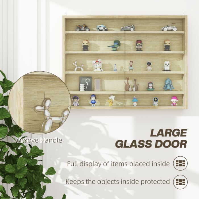 Homcom 5-tier Wall Display Shelf Unit Cabinet W/ 4 Adjustable Shelves Glass Doors Home Office Ornaments 60x80cm Oak
