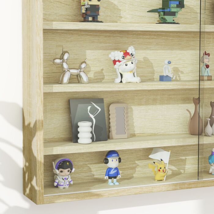 Homcom 5-tier Wall Display Shelf Unit Cabinet W/ 4 Adjustable Shelves Glass Doors Home Office Ornaments 60x80cm Oak