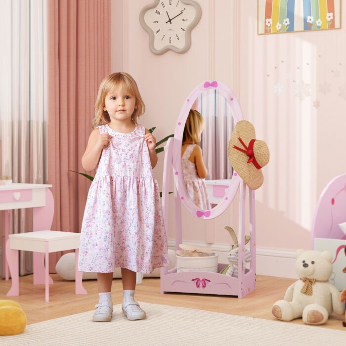 Aiyaplay Kids Full Length Mirror, 360° Rotating Children Standing Mirror With Storage Shelf, Pink