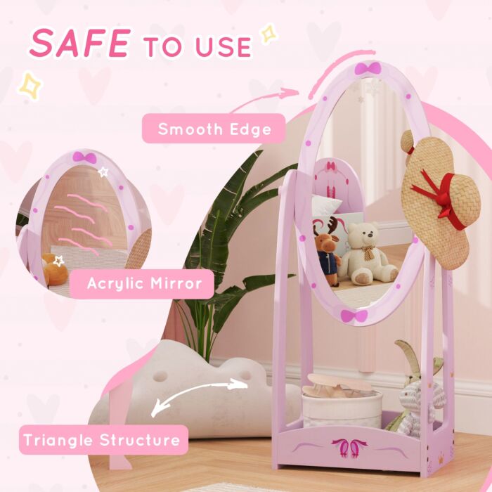 Aiyaplay Kids Full Length Mirror, 360° Rotating Children Standing Mirror With Storage Shelf, Pink