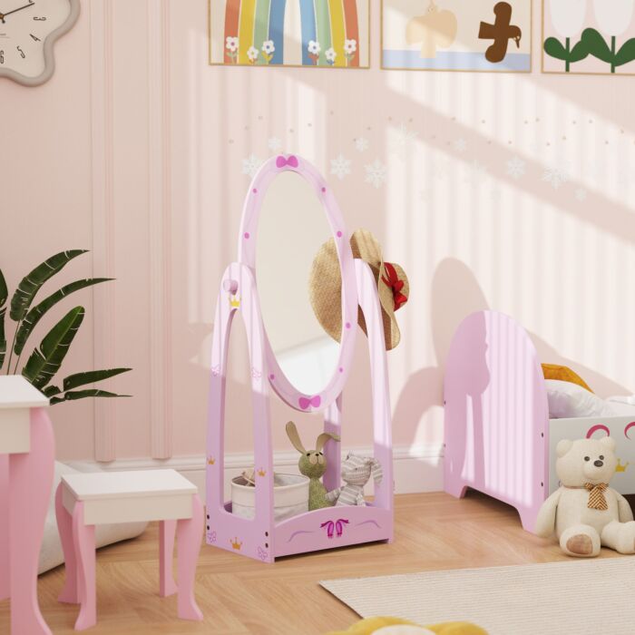 Aiyaplay Kids Full Length Mirror, 360° Rotating Children Standing Mirror With Storage Shelf, Pink