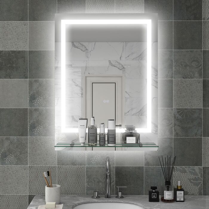 Kleankin Led Bathroom Mirror With Lights And Shelf, Illuminated Makeup Mirror, Vanity Mirror With 3 Colour, Smart Touch, Anti-fog