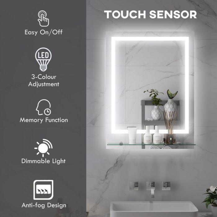 Kleankin Led Bathroom Mirror With Lights And Shelf, Illuminated Makeup Mirror, Vanity Mirror With 3 Colour, Smart Touch, Anti-fog