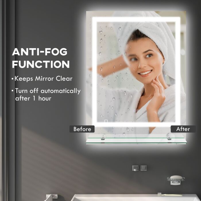 Kleankin Led Bathroom Mirror With Lights And Shelf, Illuminated Makeup Mirror, Vanity Mirror With 3 Colour, Smart Touch, Anti-fog