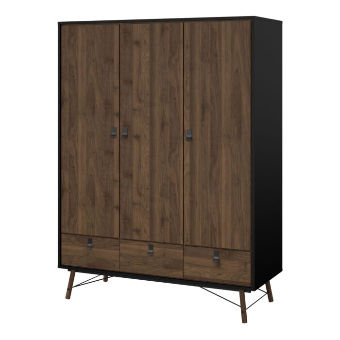 Ry Wardrobe 3 Doors + 3 Drawers In Matt Black Walnut