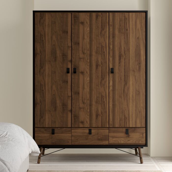Ry Wardrobe 3 Doors + 3 Drawers In Matt Black Walnut