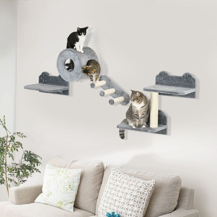 Pawhut 4pcs Wall Mounted Cat Tree Cat Wall Furniture With Platforms, Steps, Scratching Post, Perch, Cat Condo For Indoor Cat - Grey