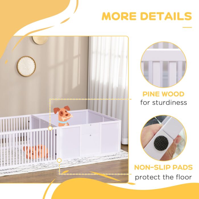 Pawhut 7 Panels Playpen With 3 Doors For Baby Dogs, Two-room Design Puppy Whelping Box - White