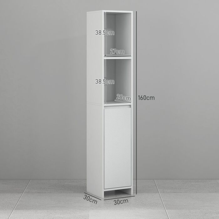 Homcom Narrow Bathroom Cabinet, Slim Bathroom Storage Unit With Open Compartment, Freestanding Storage Cupboard For Small Spaces, 30 X 30 X 160 Cm, White