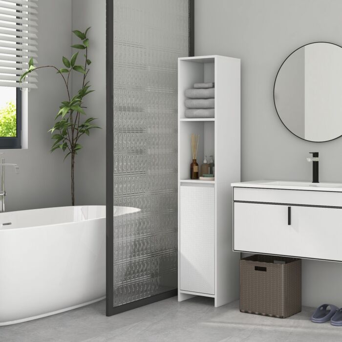 Homcom Narrow Bathroom Cabinet, Slim Bathroom Storage Unit With Open Compartment, Freestanding Storage Cupboard For Small Spaces, 30 X 30 X 160 Cm, White