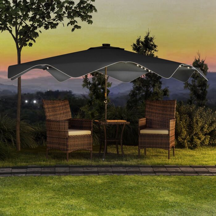 Outsunny Solar Patio Umbrella With Led And Tilt, Outdoor Market Table Umbrella Parasol With Crank, 3 X 3 (m), Dark Grey