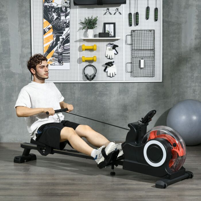 Sportnow Foldable Rowing Machine, Water Rower With Wheels, Lcd Monitor And Tablet Holder For Cardio Training, Black
