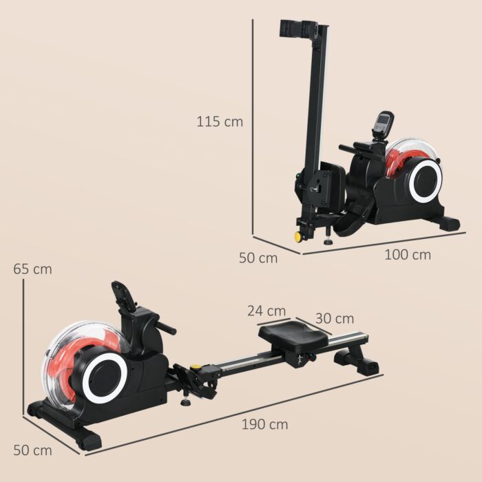 Sportnow Foldable Rowing Machine, Water Rower With Wheels, Lcd Monitor And Tablet Holder For Cardio Training, Black