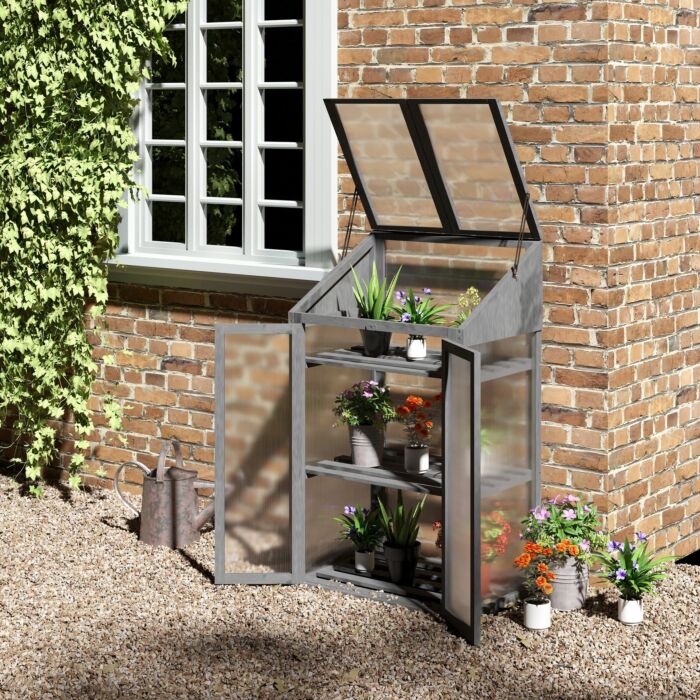 Outsunny 3-tier Wooden Cold Frame Greenhouse Garden Grow House W/ Polycarbonate Glazing, Openable Lid, 70 X 50 X 120 Cm, Grey