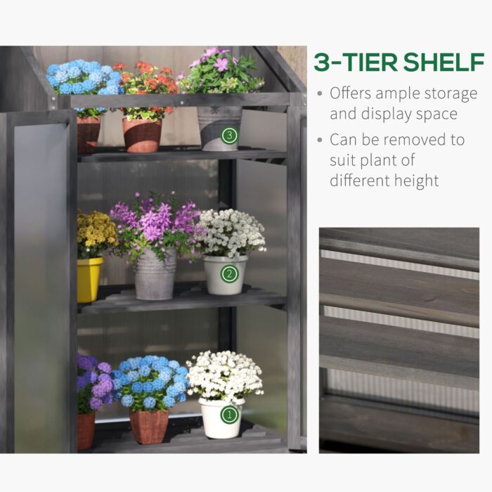 Outsunny 3-tier Wooden Cold Frame Greenhouse Garden Grow House W/ Polycarbonate Glazing, Openable Lid, 70 X 50 X 120 Cm, Grey
