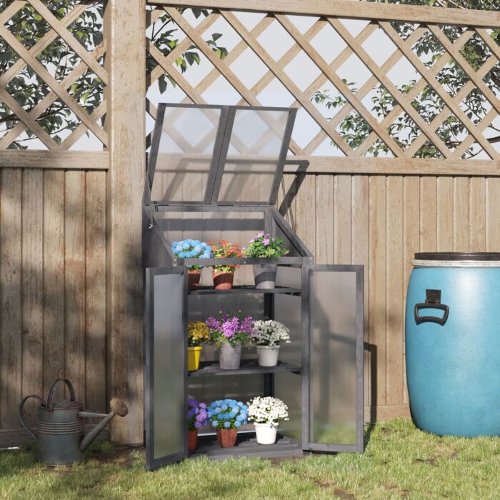 Outsunny 3-tier Wooden Cold Frame Greenhouse Garden Grow House W/ Polycarbonate Glazing, Openable Lid, 70 X 50 X 120 Cm, Grey