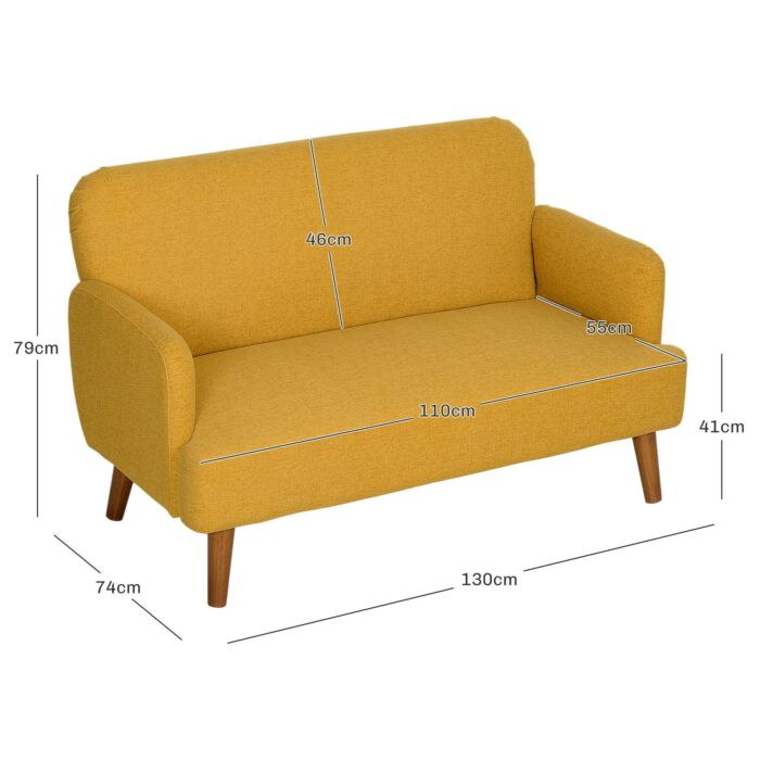Homcom Velvet Feel Fabric 2 Seater Sofa, Small Sofa Loveseat With 21cm Thick Padding And Wood Legs, Yellow