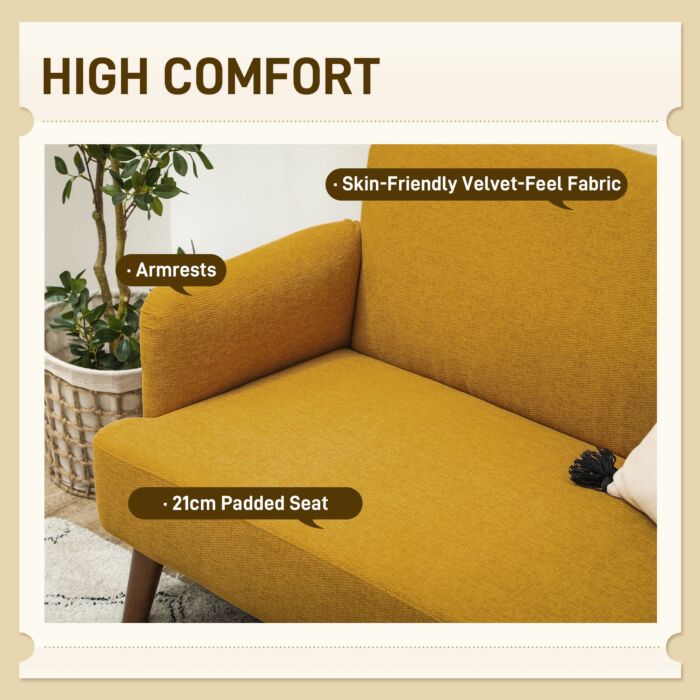Homcom Velvet Feel Fabric 2 Seater Sofa, Small Sofa Loveseat With 21cm Thick Padding And Wood Legs, Yellow