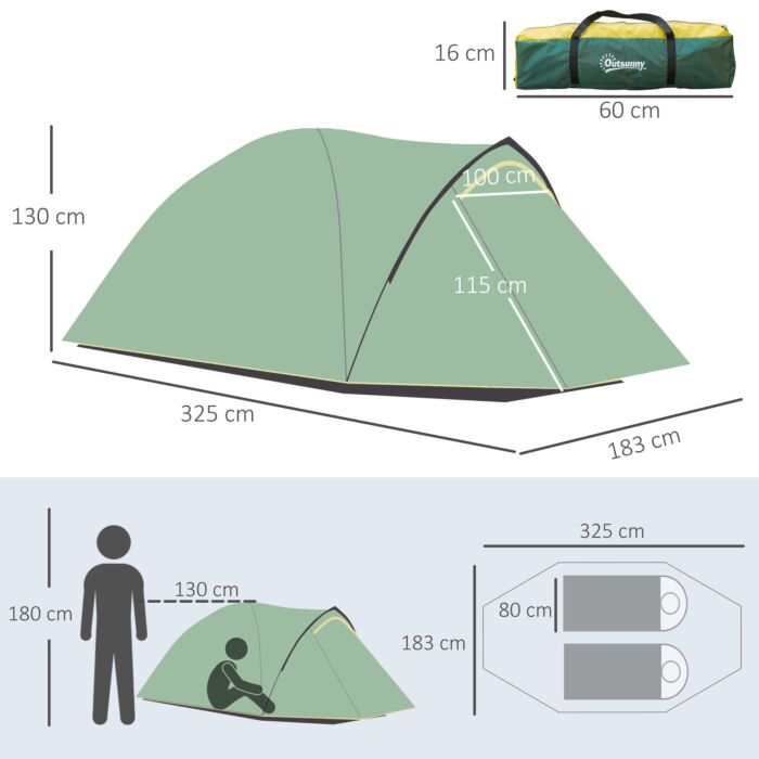 Outsunny Dome Tent For 2 Person Camping Tent With Large Windows, Waterproof Green And Yellow