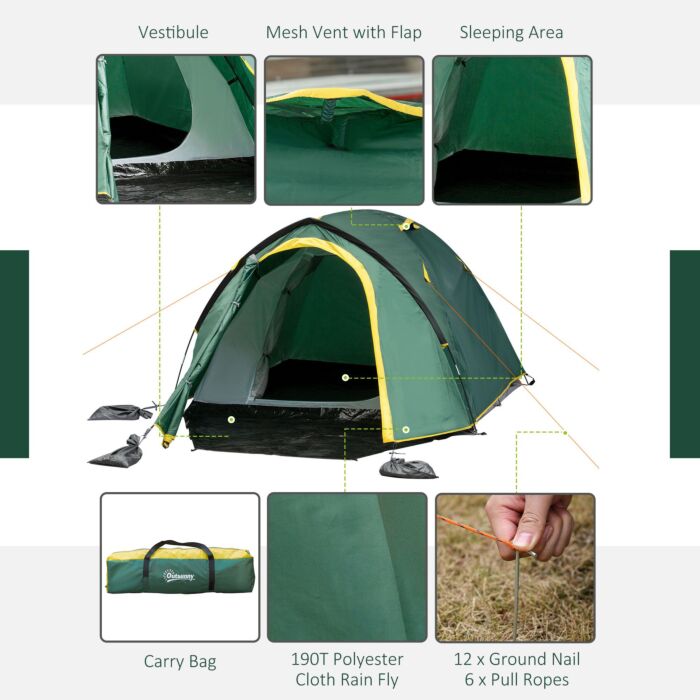 Outsunny Dome Tent For 2 Person Camping Tent With Large Windows, Waterproof Green And Yellow
