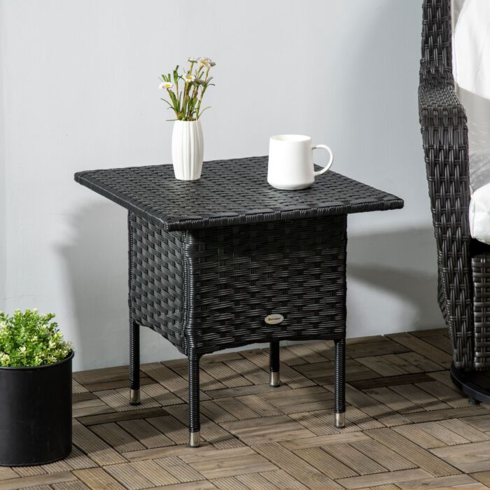 Outsunny Rattan Side Table, Outdoor Coffee Table, With Plastic Board Under The Full Woven Table Top, Black